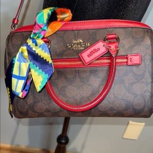 Rowen Coach Red and Brown Satchel & Crossbody Bag with Colorful Scarf!